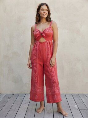 Free People Feel The Sun‎ Linen Bandana Paisley Cutout Jumpsuit Romper Red 6